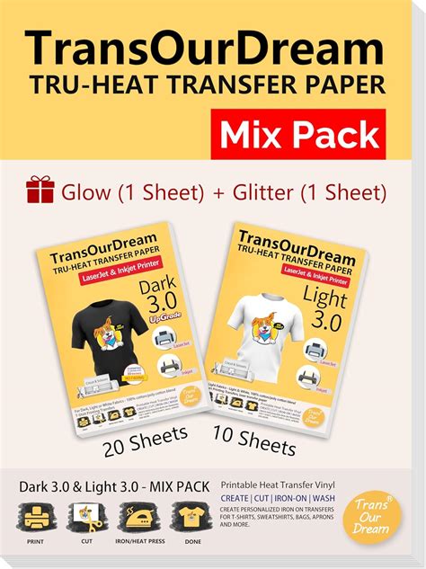 Transourdream Iron On Heat Transfer Paper For Dark And Light T Shirts Mixed Pack