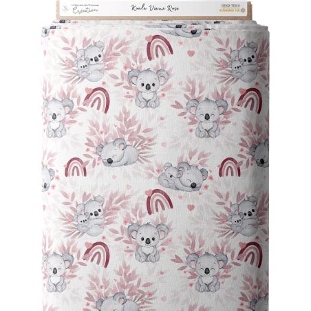 Tissu coton imprimé Koala Vieux Rose Certifié Oeko Tex