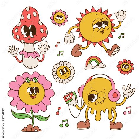 Set Of Retro Cartoon Characters With Face Expressions Retro Groovy