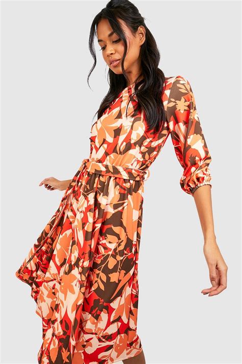 Printed Scuba Crepe Belted Midi Skater Dress Boohoo Uk