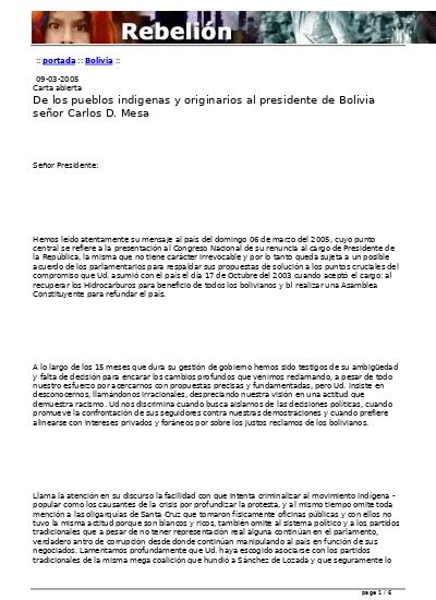 Carta Abierta De Los Pueblos Indigenas Y Originarios Al Presidente De