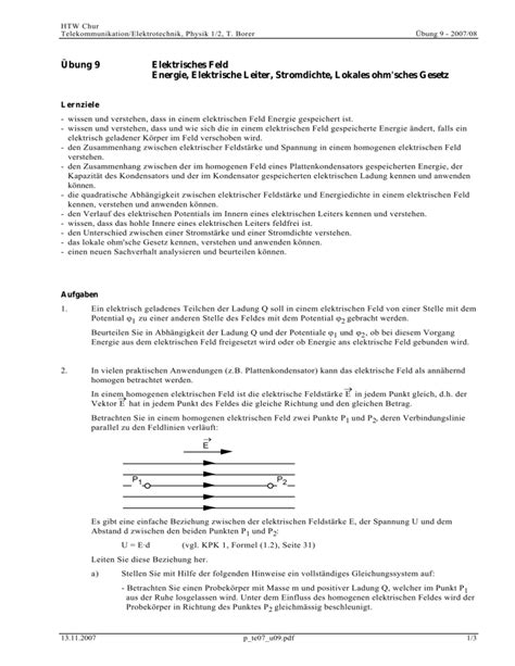 Übung 9 Elektrisches Feld Energie Elektrische