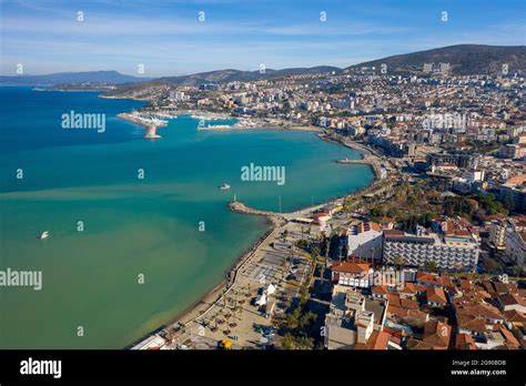 Turkey, Aydin Province, Kusadasi, Aerial view of promenade of coastal ...