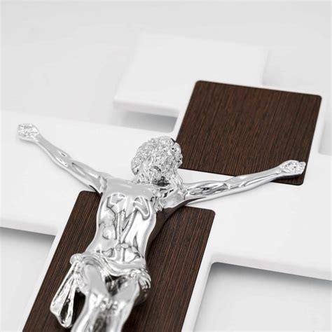 Crocifisso Da Parete Moderno In Legno Bianco E Rovere Scuro Con Cristo