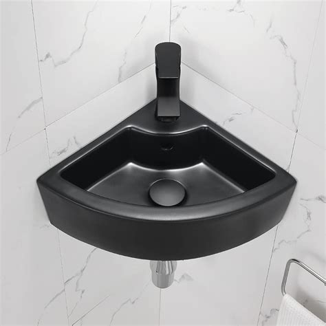 Small Wall Mount Corner Bathroom Sink And Faucet Combo With Overflow Triangle Black Porcelain