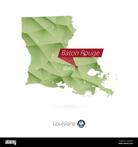 Green Gradient Low Poly Map Of Louisiana With Capital Baton Rouge Stock