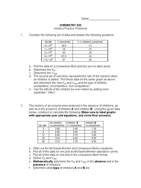 Practice Kinetics Problems | PDF | Enzyme Kinetics | Enzyme Inhibitor