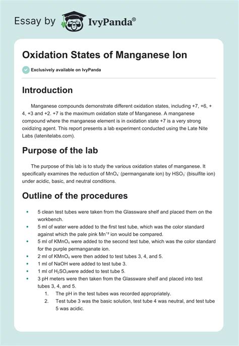 Oxidation States of Manganese Ion - 826 Words | Essay Example