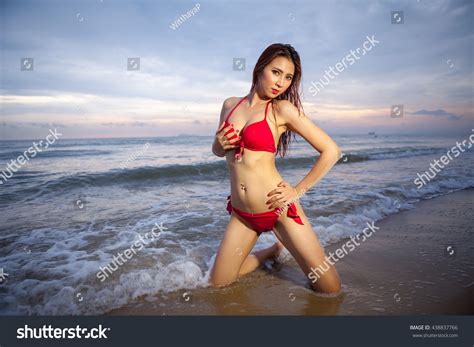 Beautiful Asian Woman Red Bikini Posing Stock Photo 438837766 Shutterstock