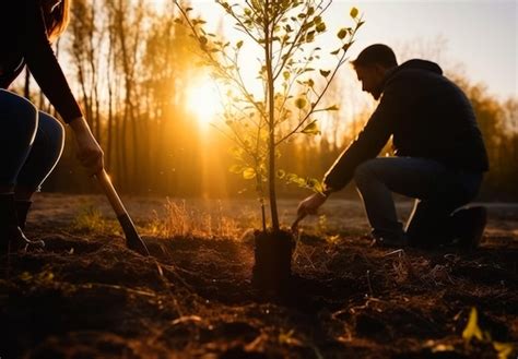 Hombres y mujeres plantando árboles al atardecer pareja cavando un hoyo