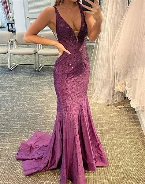 Dressself Mermaid Glitter Beaded Backless Prom Dress Elegant Evening Gown