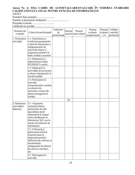 Anexa Nr Fi A Cadru De Autoevaluare Evaluare N