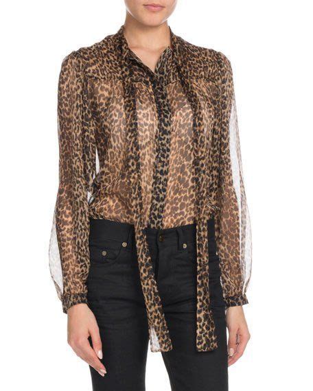 Saint Laurent Long Sleeve Button Down Leopard Print Sheer Silk Blouse