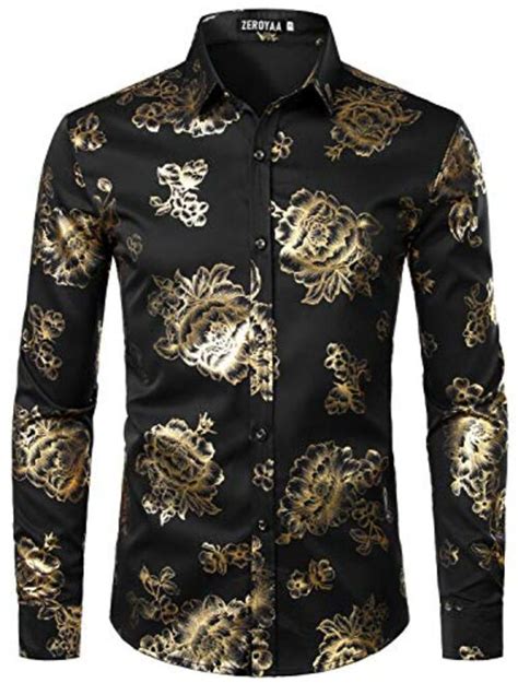 Buy Zeroyaa Mens Luxury Shiny Gold Rose Printed Slim Fit Button Up