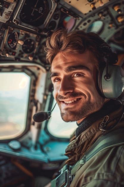 Confident Male Pilot Smiling In Airplane Cockpit Portrait Of Attractive