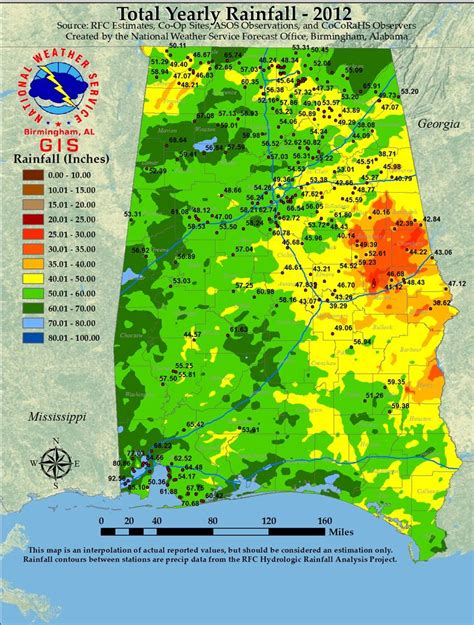 Annual Rainfall Totals for Alabama - 2012