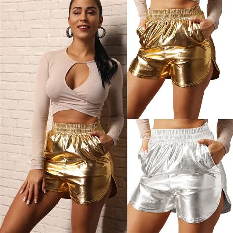 Womens Shiny Metallic Shorts Summer Casual Loose Workout Dance Shorts Fashion Casual Bottoms In