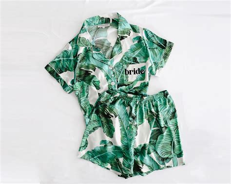 Green Palm Leaves Pajama Set Banana Leaf Tropical Pajama Set Monogram