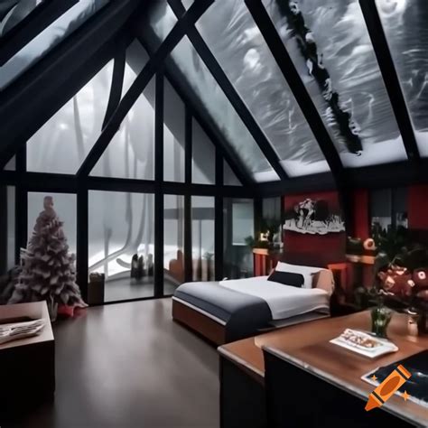 Cozy Christmas Interior With Fireplace And Window Displaying Snow On