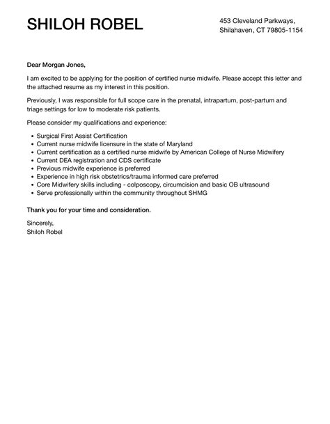 Certified Nurse Midwife Cover Letter Velvet Jobs