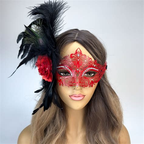 Black Red Feather Masquerade Mask For Women Lace Mask Metal Masquerade Mask Mardi Gras Masks