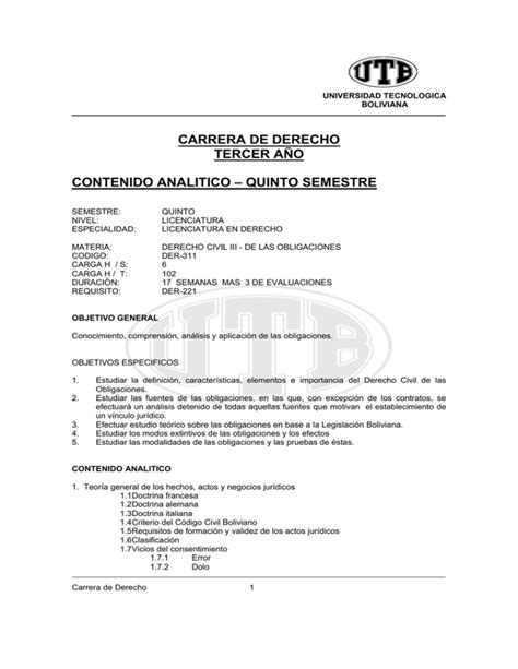 carrera de derecho tercer año contenido analitico quinto semestre