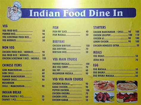 Menu of Indian Food Dine In, Ulsoor, Bangalore