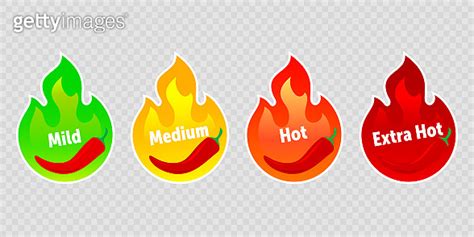 Spicy Chili Pepper Hot Fire Flame Labels Vector Spicy Food Level Icons Green Mild Medium And