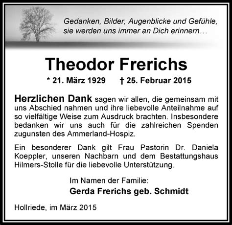 Traueranzeigen Von Theodor Frerichs Nordwest Trauer De