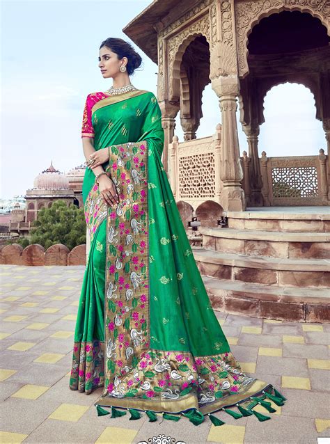 Green Thread Embroidery And Moti Work With Embroidered Blouse Silk