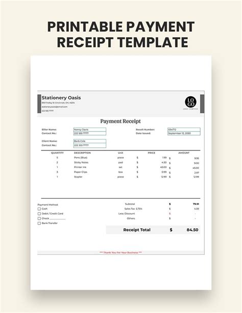 Printable Sales Receipt Template - Google Sheets, Excel | Template.net