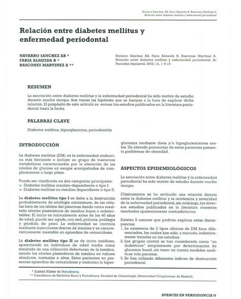 Pdf Relaci N Entre Diabetes Mellitus Y Enfermedad Scielo Isciii Es