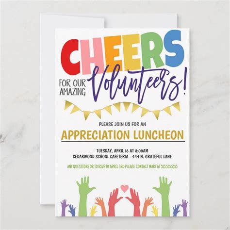 an appreciation luncheon card with colorful hand prints and the words cheers for our volunteers