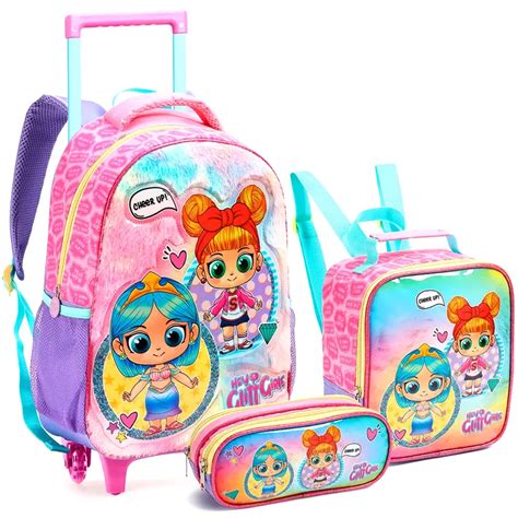 Kit Mochila Rodas Lancheira Estojo Hey Glitt Girls Seanite Lupel