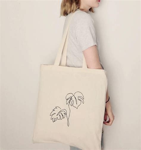 Monstera Plant Embroidered Canvas Tote Bag With Pocket Etsy Uk Tote