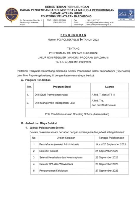 Pengumuman Tentang Penerimaan Calon Taruna Taruni Jalur Non Reguler