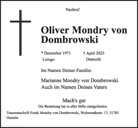 Traueranzeigen Von Oliver Mondry Von Dombrowski LZ Trauer