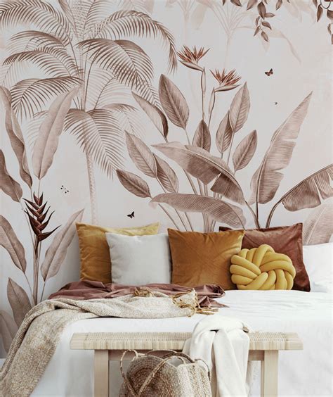 Tropical Jungle Designer Wallpaper Mural Sepia Brown Vinyl Or Non Woven