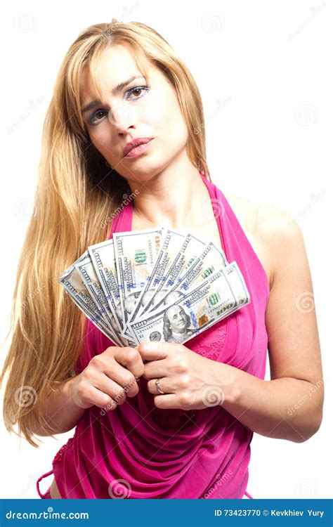 Pretty Blonde Woman With Wad Of Dollars On White Stock Photo Image Of