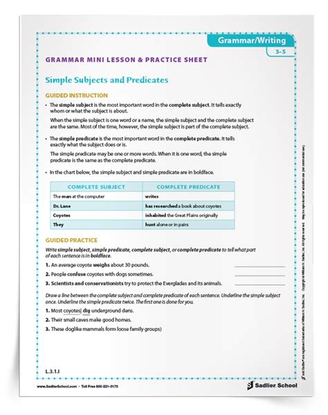 Simple Subjects And Predicates Mini Lesson And Practice Sheet Sadlier