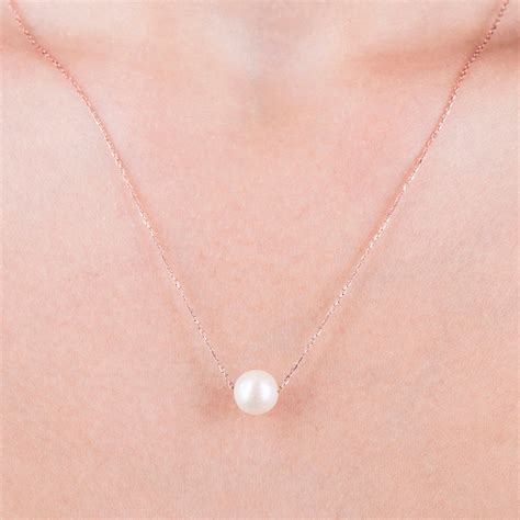 Dainty 14k Solid Gold Chain Floating Pearl Necklace 14k Rose Etsy