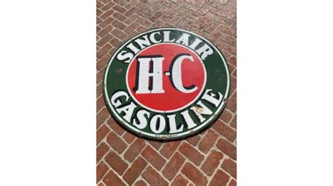 1920s 1930s Sinclair H C Gasoline Double Sided Porcelain Sign For Sale