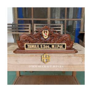 Jual Papan Nama Meja Kantor Ukir Naga Kembar Kayu Jati Logo Sesuai