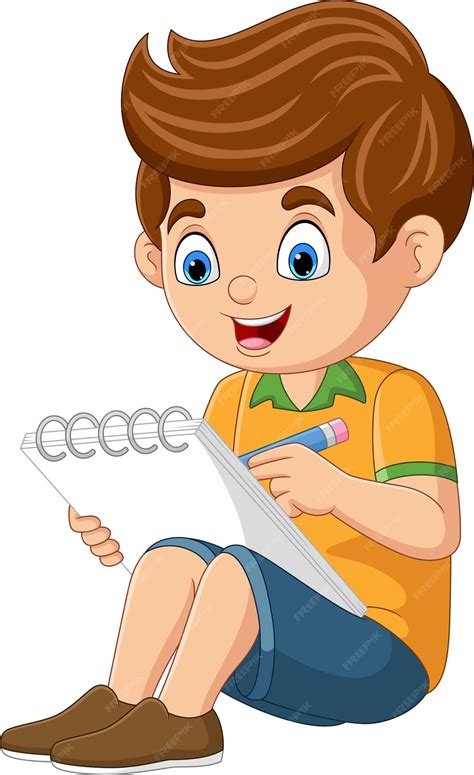 Niño De Dibujos Animados Sentado Y Escribiendo En El Cuaderno Vector