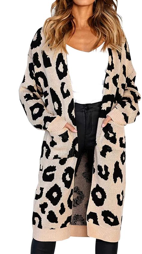 Womens Long Sleeves Leopard Print Knitting Cardigan Open Front Warm