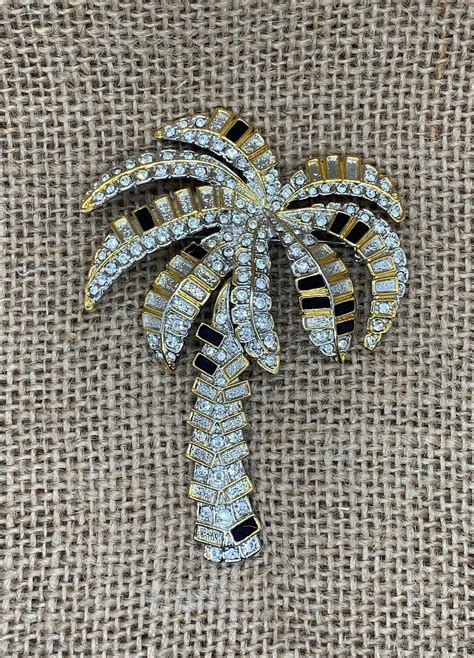 Palm Tree Brooch Pin With Rhinestones And Black Enamel Stones Etsy