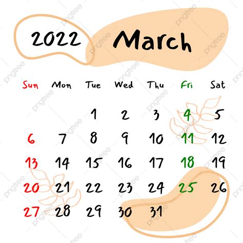 Monthly Calendar White Transparent Vector Monthly Calendar March 2022