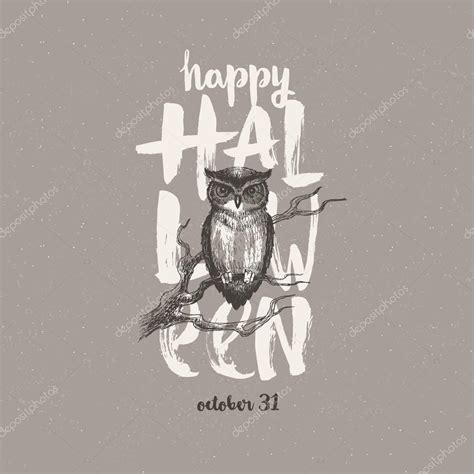 Halloween Vector Illustration With Hand Drawn Greeting And Owl — Stock Vector © S E R G O