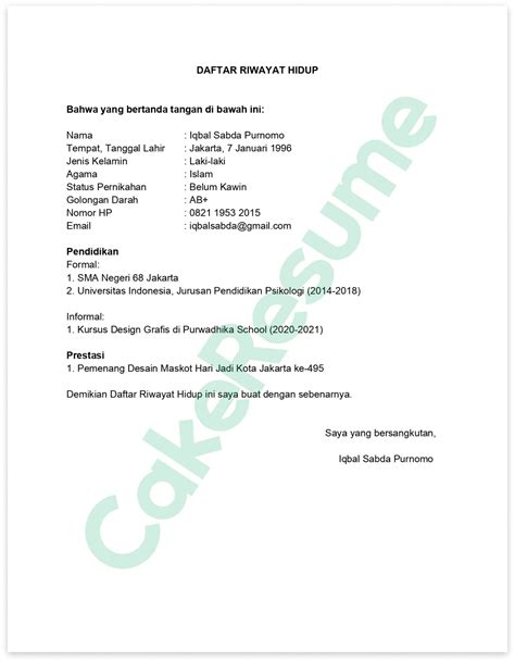 contoh daftar riwayat hidup  berbagai profesi lengkap cake