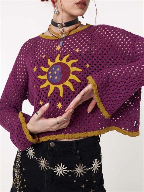 Emmiol Free Shipping 2024 Sun Moon Hollow Out Crochet Knit Top Purple M